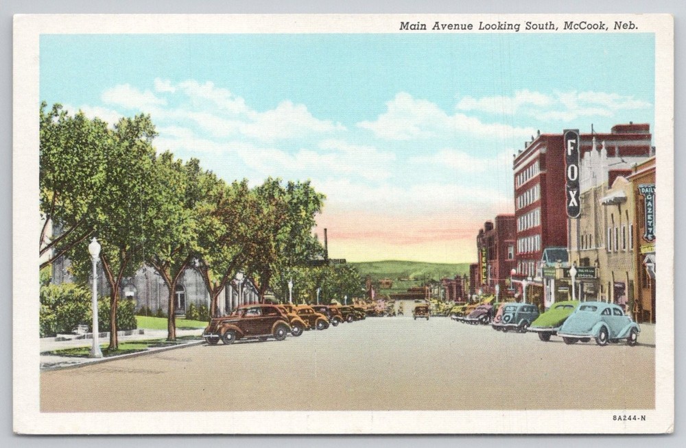 McCook Nebraska Main Avenue South Vintage Linen Postcard Curteich 1930s Cars