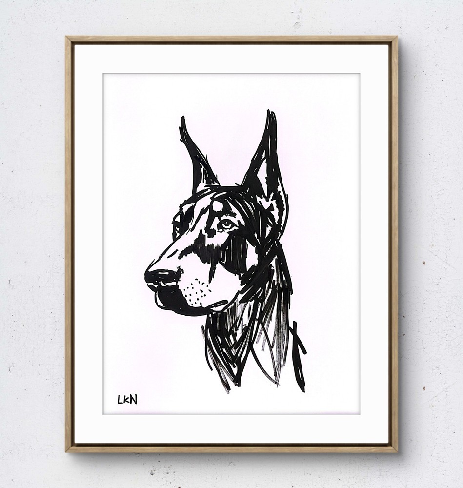 Laeknapes Doberman Dog 12x9 Original Abstract Paper Monochromatic Painting Art