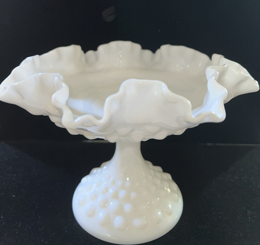Vintage Fenton Hobnail Compote Milk Glass Pedestal Candy Dish Ruffled Edge