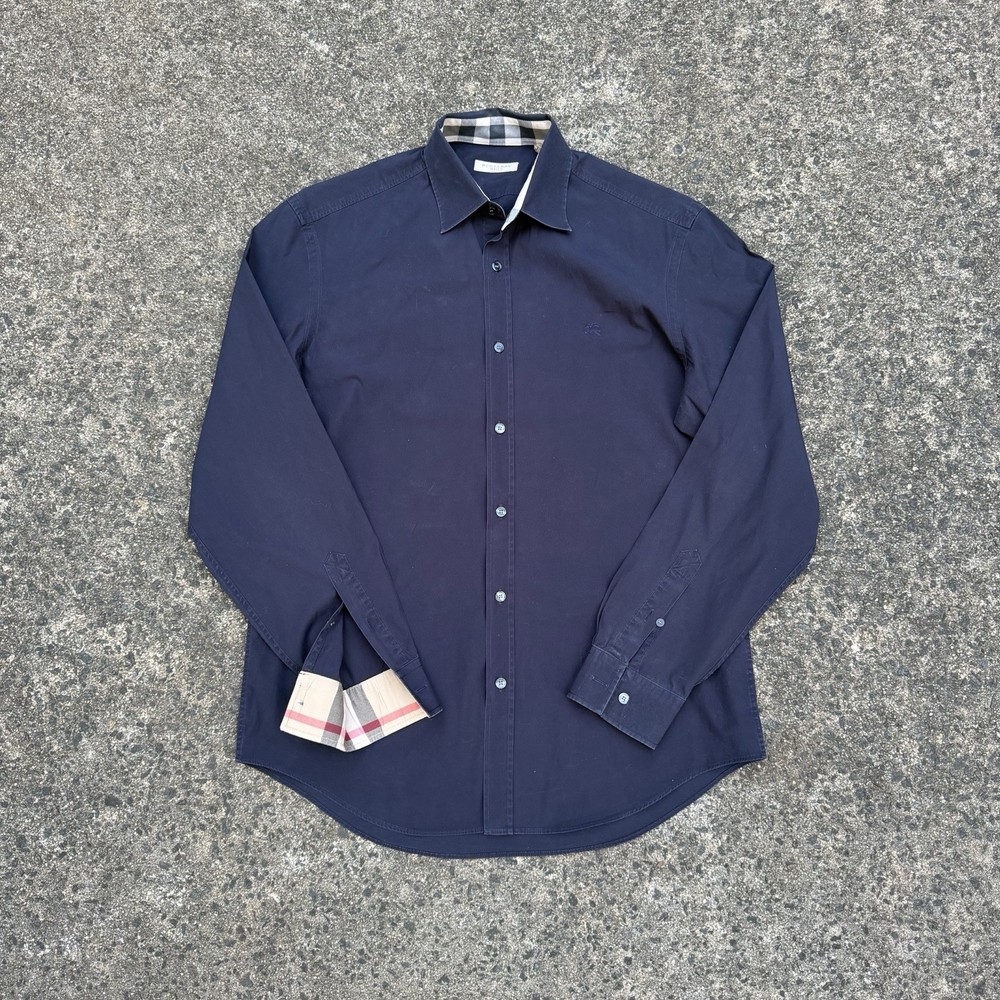 Burberry Brit Shirt Mens M Navy Blue Nova Check Cuffs Button Down Long Sleeve