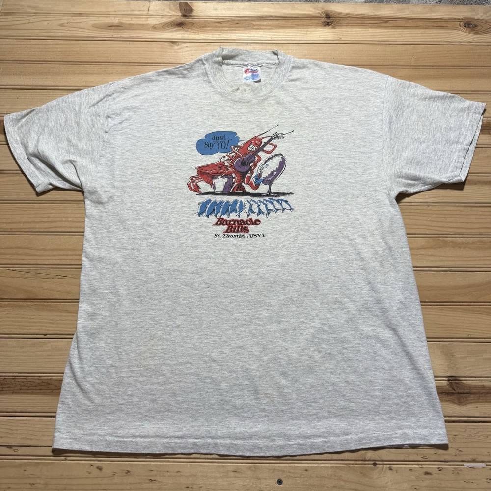 Vintage 90s “Just Say Yo” Barnacle Bills St Thomas USVI Seafood Music Shirt 2XL