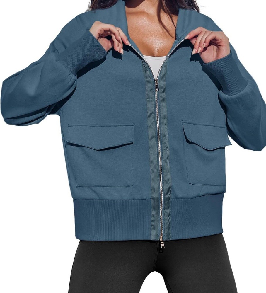 Women's Zip up Sweatshirt Collared Neck Long Sleeve Jacket with Pockets Sz M