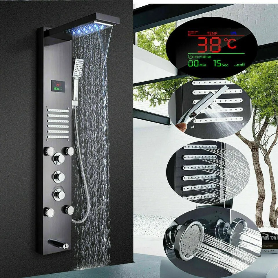Stainless Steel LED Rain&Waterfall Shower Panel Tower Faucet Massage Body Jets