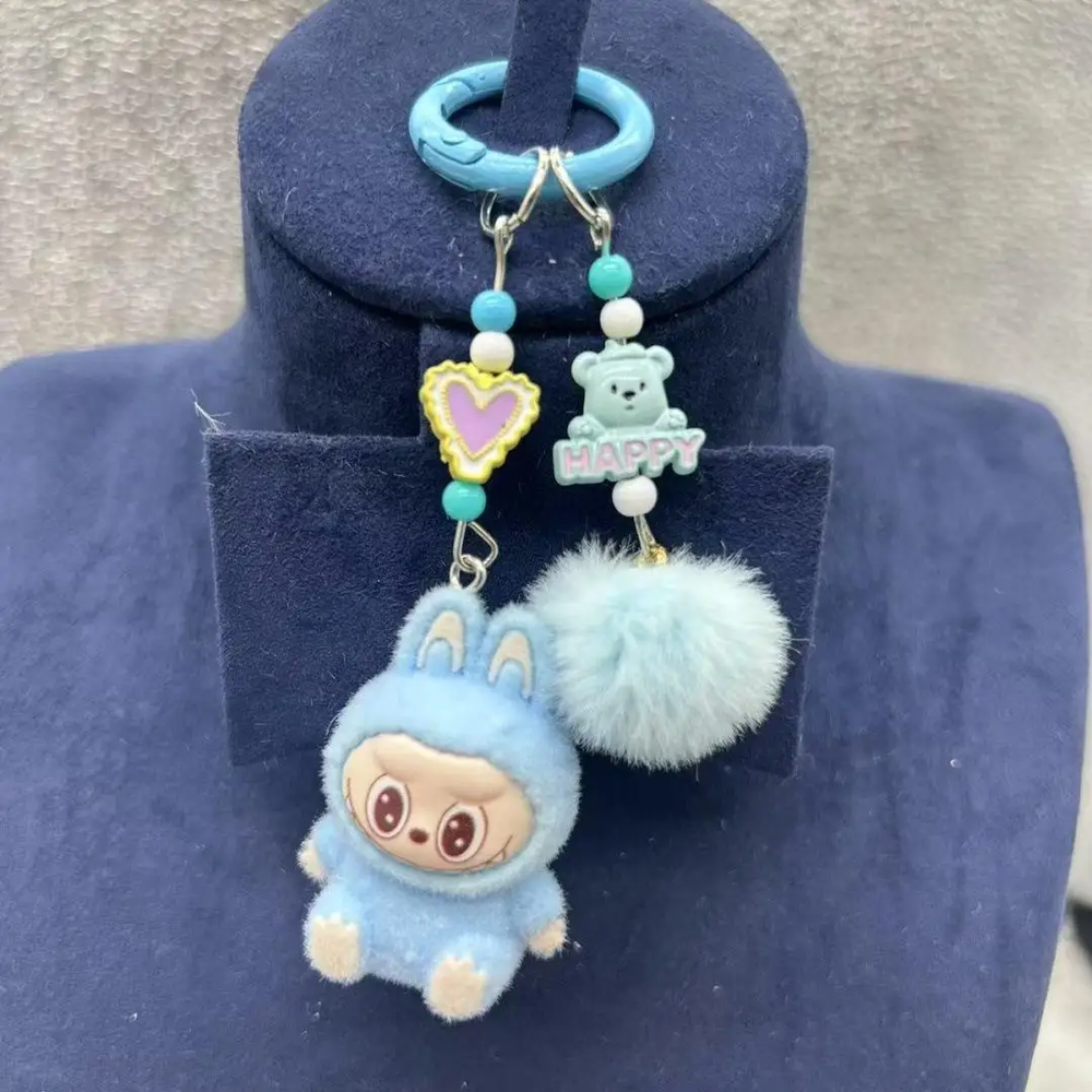 Labubu Mini Flocking Keychain Cute Backpack Charm Gift for Girls