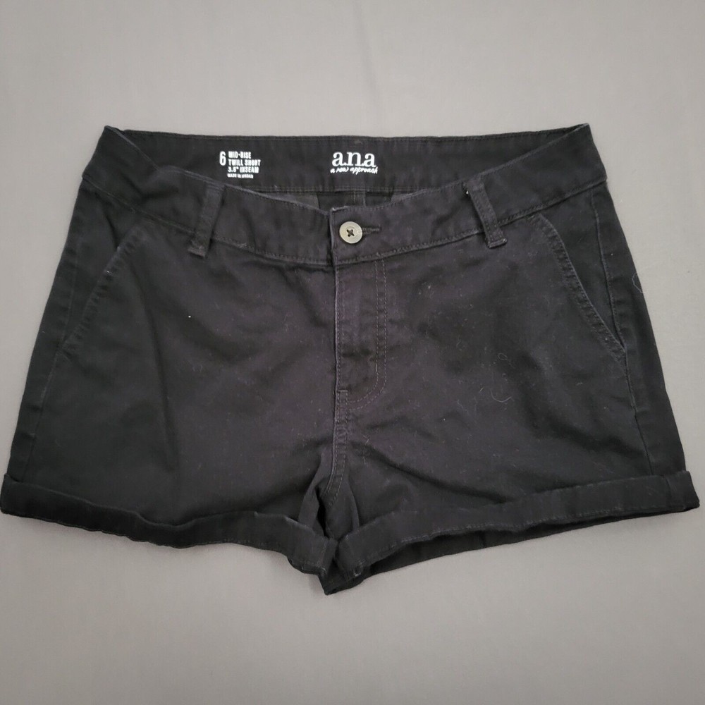 ana a new approach Womens Black Mid-Rise Twill Shorts Size 6 Cuffed 3.5 Inseam