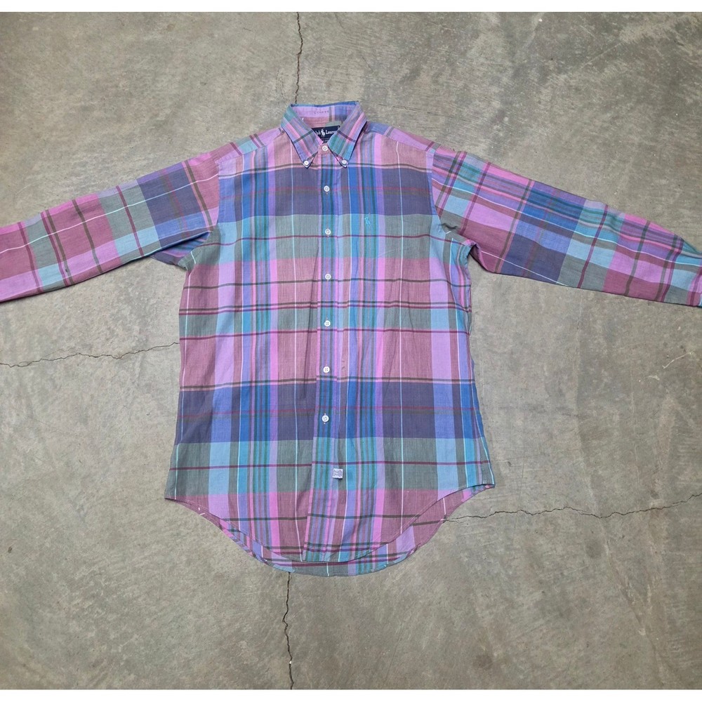 Ralph Lauren Mens Madras Plaid Button Down Shirt Purple Pink Blue Hand Woven M