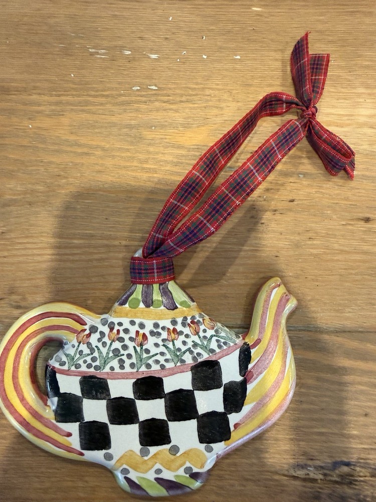 Retired Mackenzie Childs Courtly Check Ceramic Teapot Ornament Taylor