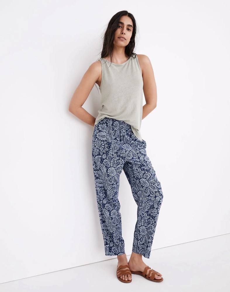 Madewell Tapered Huston Pull-On Crop Ankle Pants Paisley Blue White Floral Small