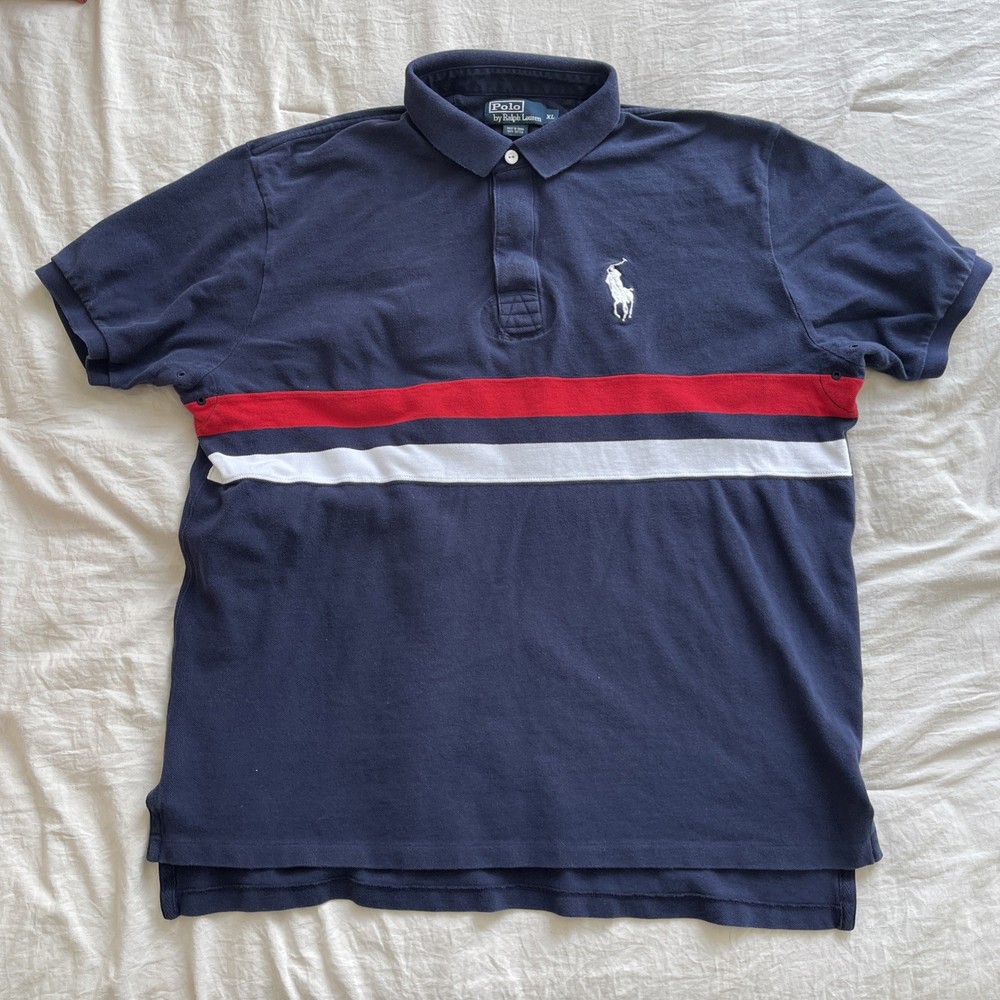 VTG Polo Ralph Lauren Mens XL Classic Rugby Big Pony Polo Shirt Blue White Red