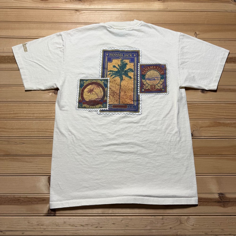 Vintage 90s Panama Jack Nassau Bahamas Postage Stamp Graphic T-Shirt USA Medium