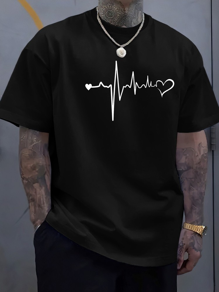 Heartbeat Creative Print Men's Short Sleeve T-Shirt, Casual Round Neck Top, Ver