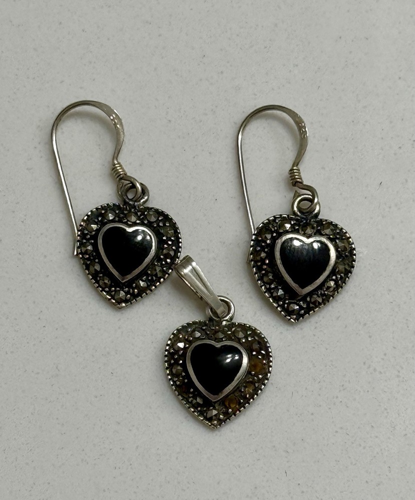 Art Deco Style Sterling Silver Heart Set, Black Onyx & Marcasite, Hallmarked 925