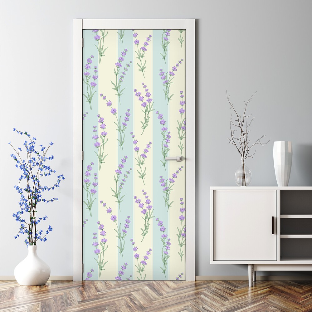 Watercolour lavender floral self-adhesive door decal in purple green yellow