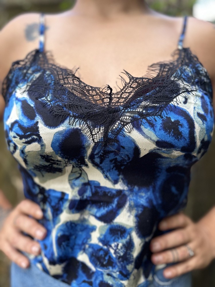 Open Edit Lace Trim Black And Blue   Floral  Y2k Cami Crop Sexy