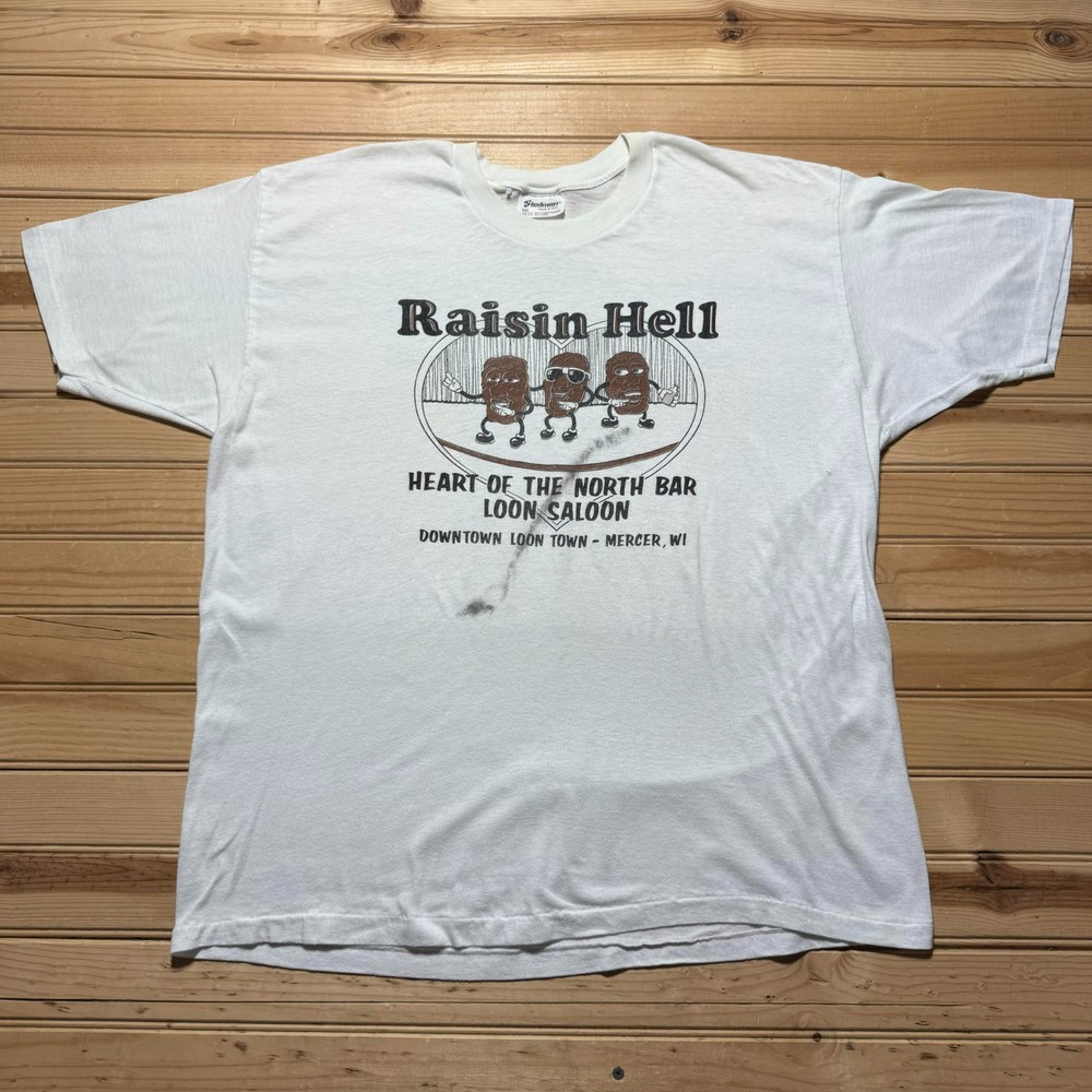Vintage 80s Raisin Hell Heart of the North Loon Saloon Mercer WI Shirt - XL/2XL