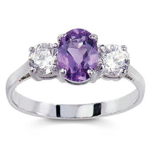 Solid 925 sterling silver genuine amethyst and white cubic zirconia band ring