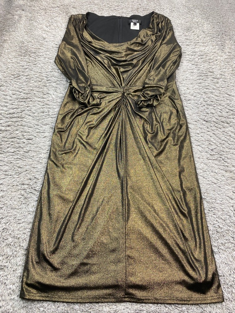 Tadashi Shoji Dress Women Large Olive Sparkly Ruched Twist Drape Evening Gown