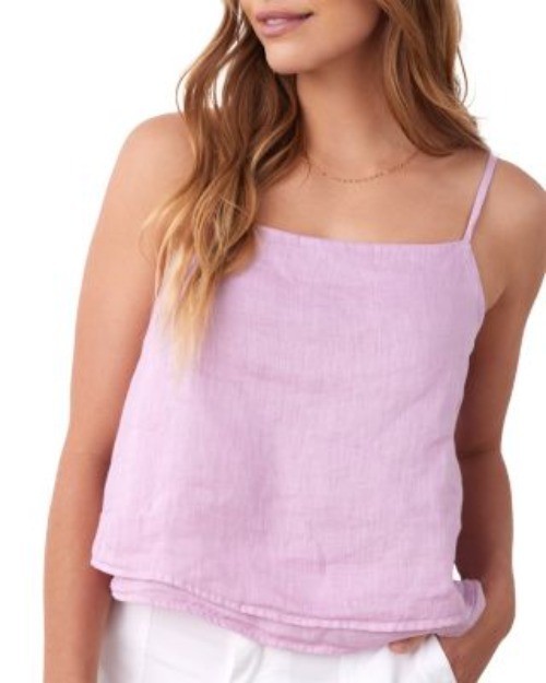BELLA DAHL Button Back Crop Cami Tank Top Sz L Pale Orchid Layered 100% Linen