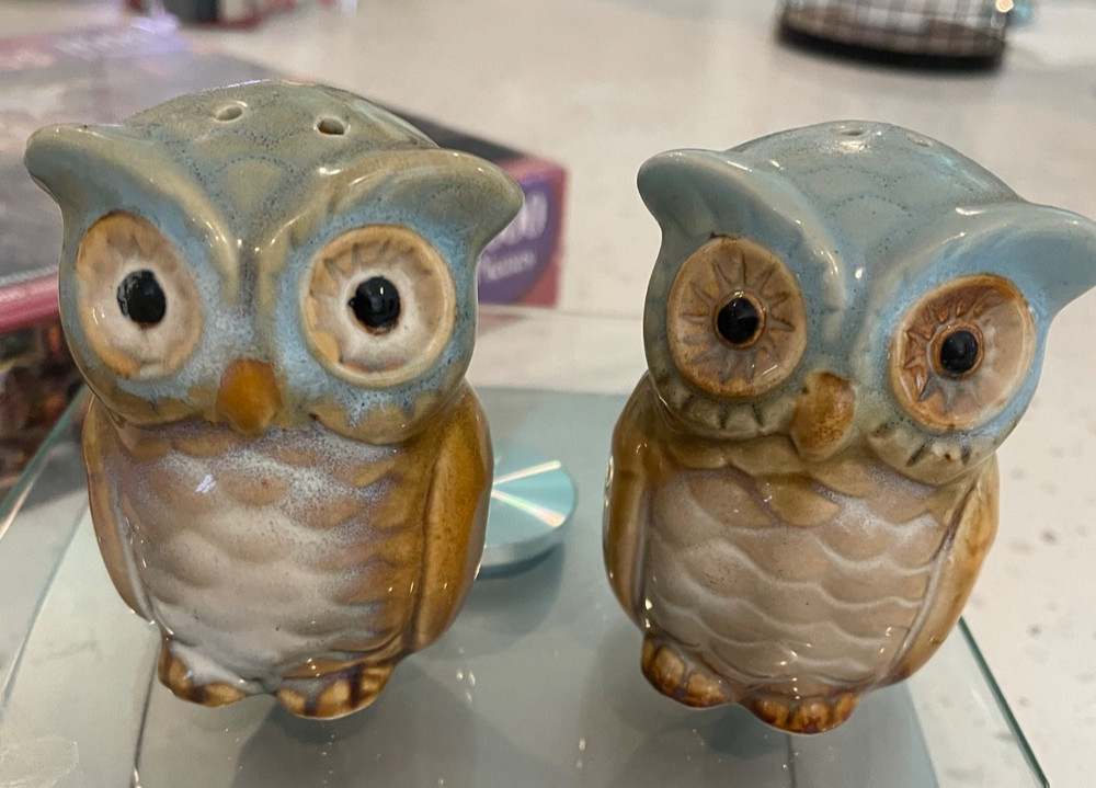 Vintage Glazed Ceramic Owl Salt and Pepper Shakers Blue and Tan