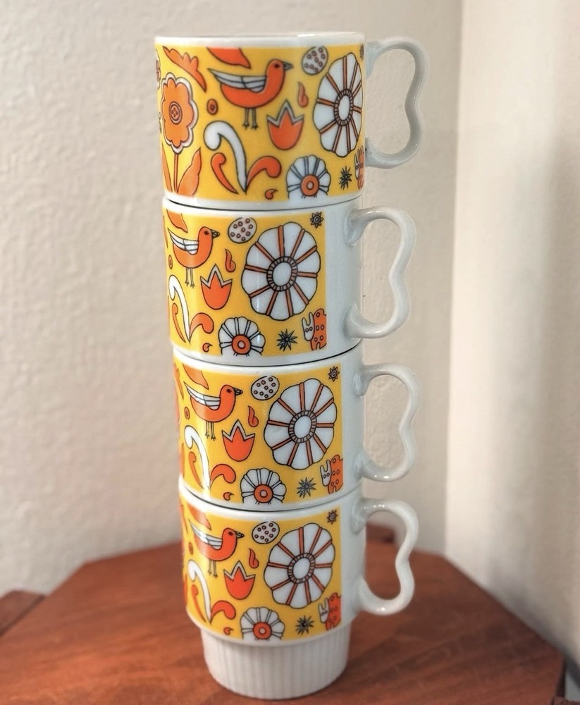 Vintage 1970s Japan Stackable Mugs Set of 4 | Yellow Folk Bird Floral Cups