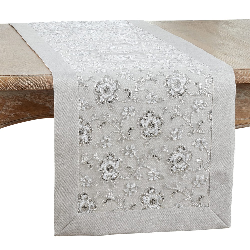 Floral Embroidered Table Runner, Silver, 16