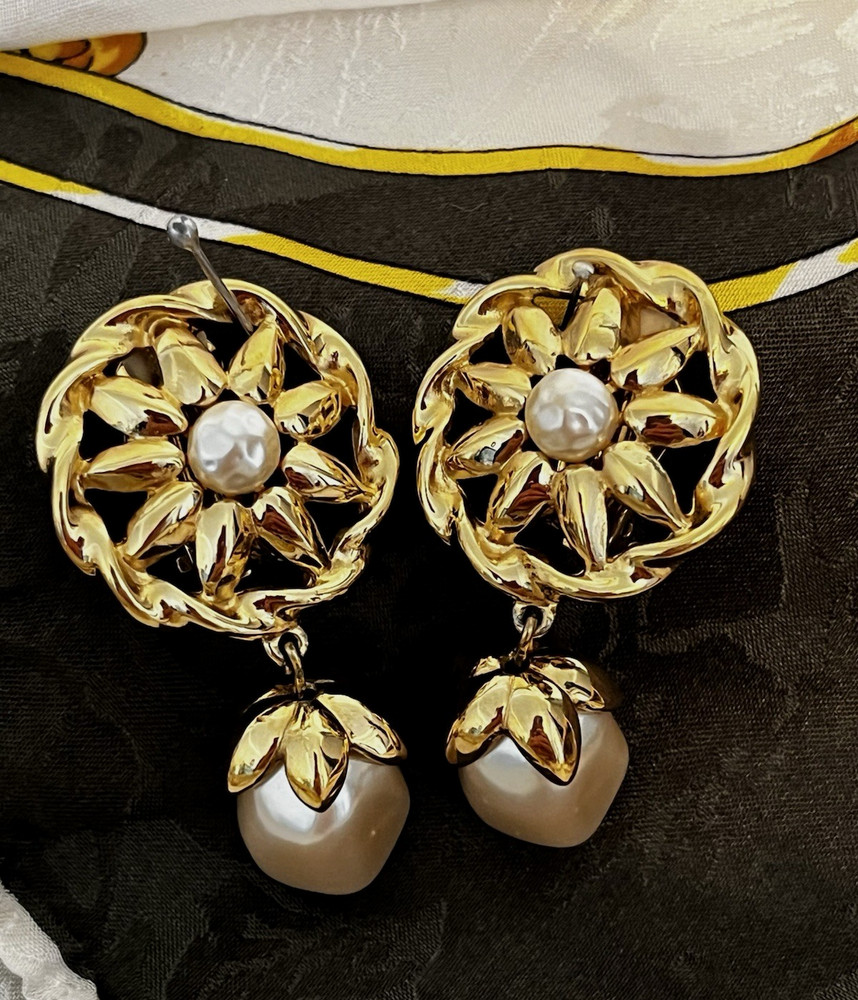 Vintage Givenchy Paris NY Earrings Golden Pearl Cabochon 2” Dangle Drop Clip On