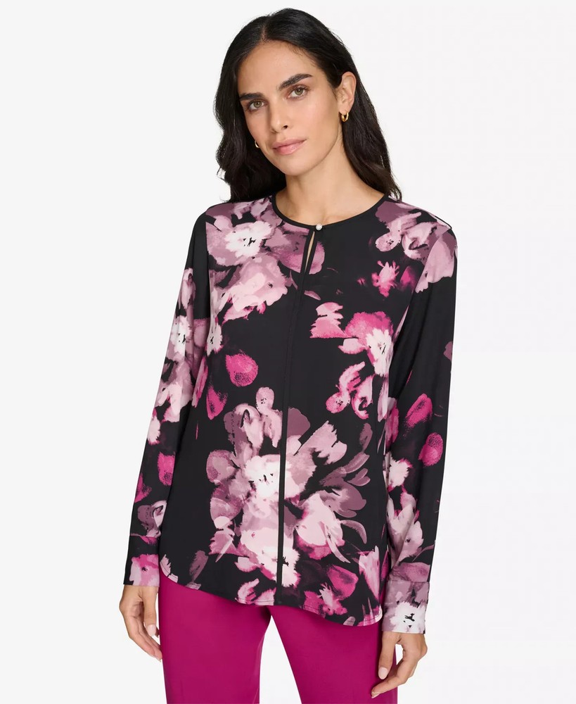 Calvin Klein Women's Top Petite PS Keyhole Long-Sleeve Blouse