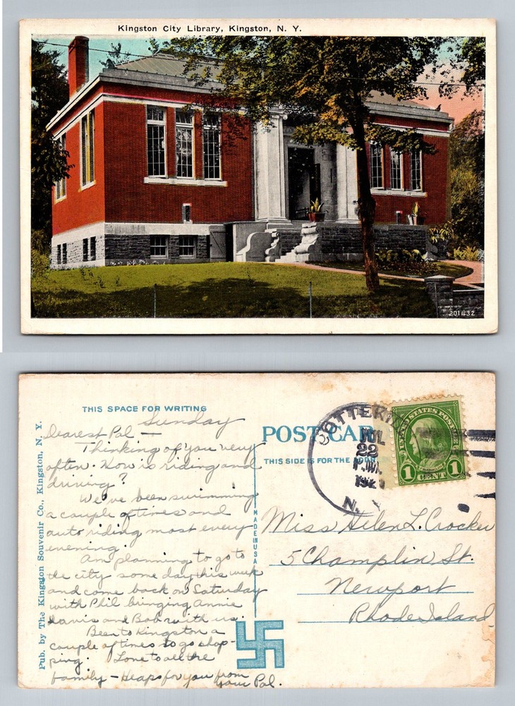 Kingston, NY-New York, City Library Red Brick Building Vintage c1922 Postcard