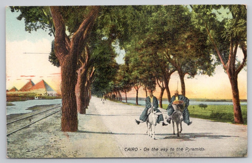 Vintage Cairo Pyramids Postcard - Men on Donkeys, Egypt View