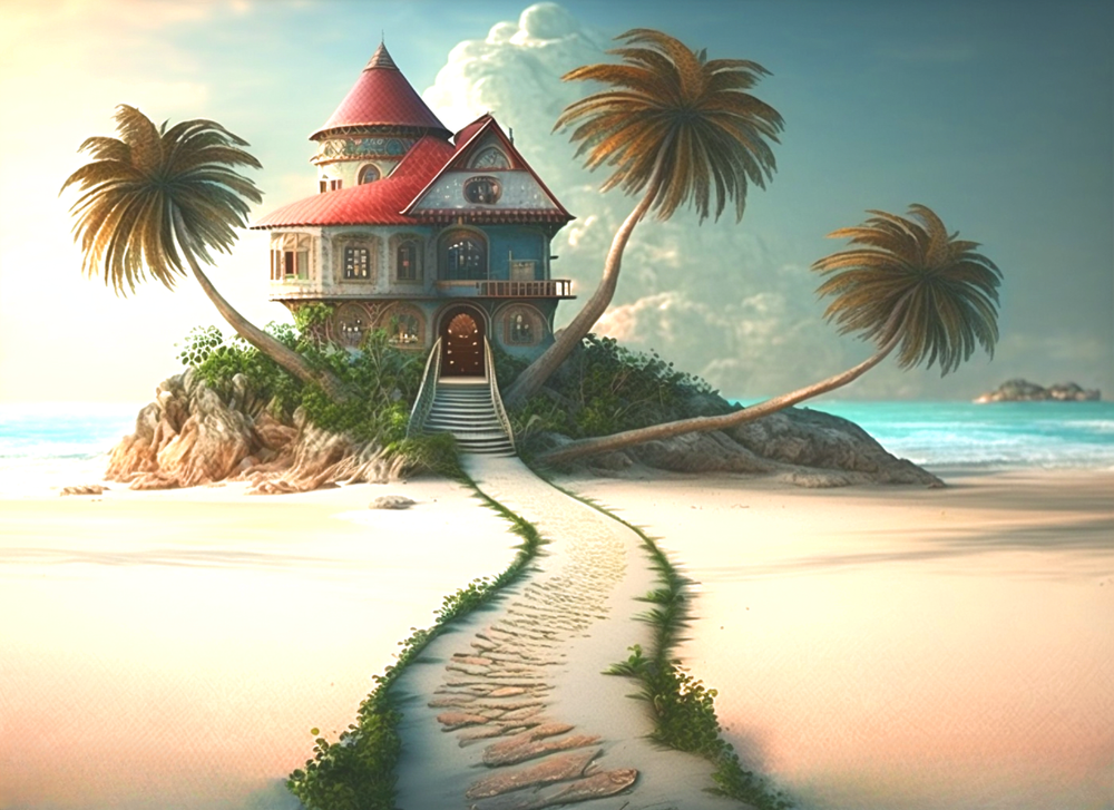 5D Abstract Three Palm Beach House Diamond Painting Kit-image