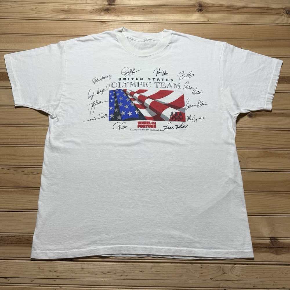 Vintage 90s Team USA Olympic T-Shirt Wheel of Fortune Crossover White Size XL