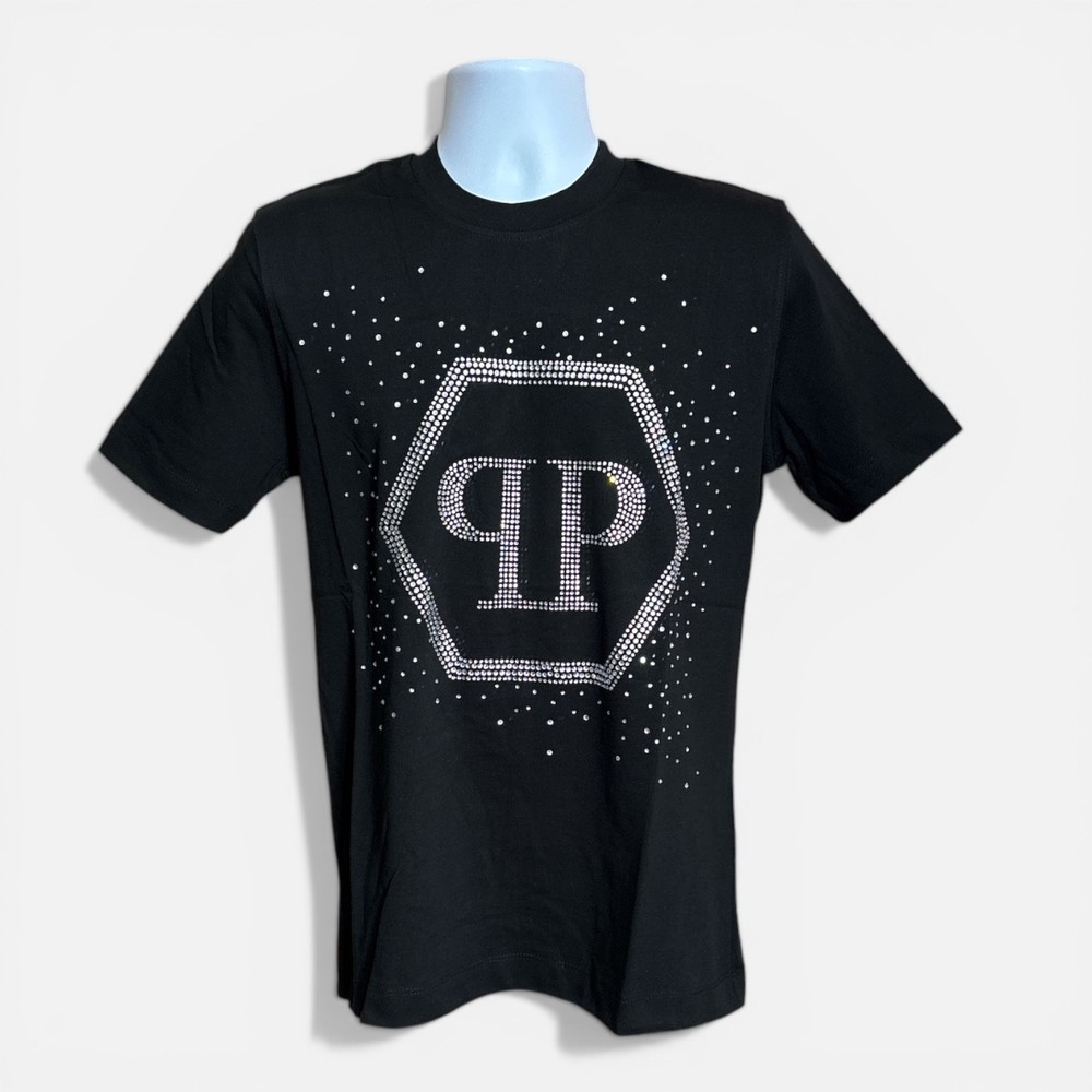 Philipp Plein Black T-Shirt Mens Crystal Logo 100% Cotton Crew Neck S-2XL