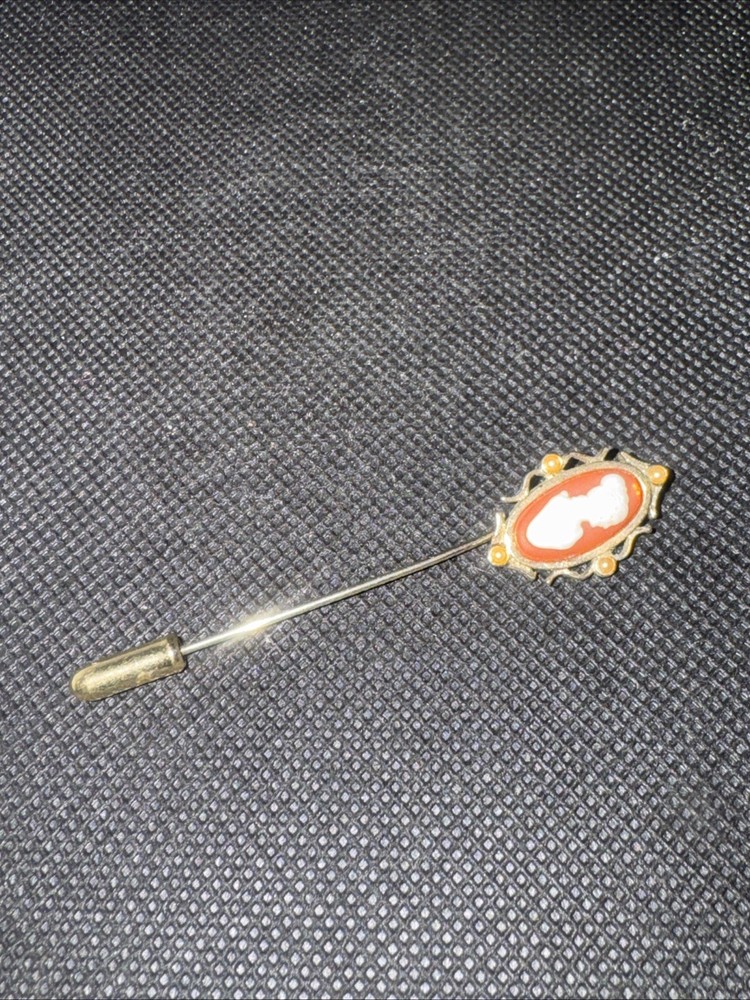 Vintage Signed Avon Cameo Faux Pearl Gold Tone Stick Lapel Pin Jewelry 2.75 in