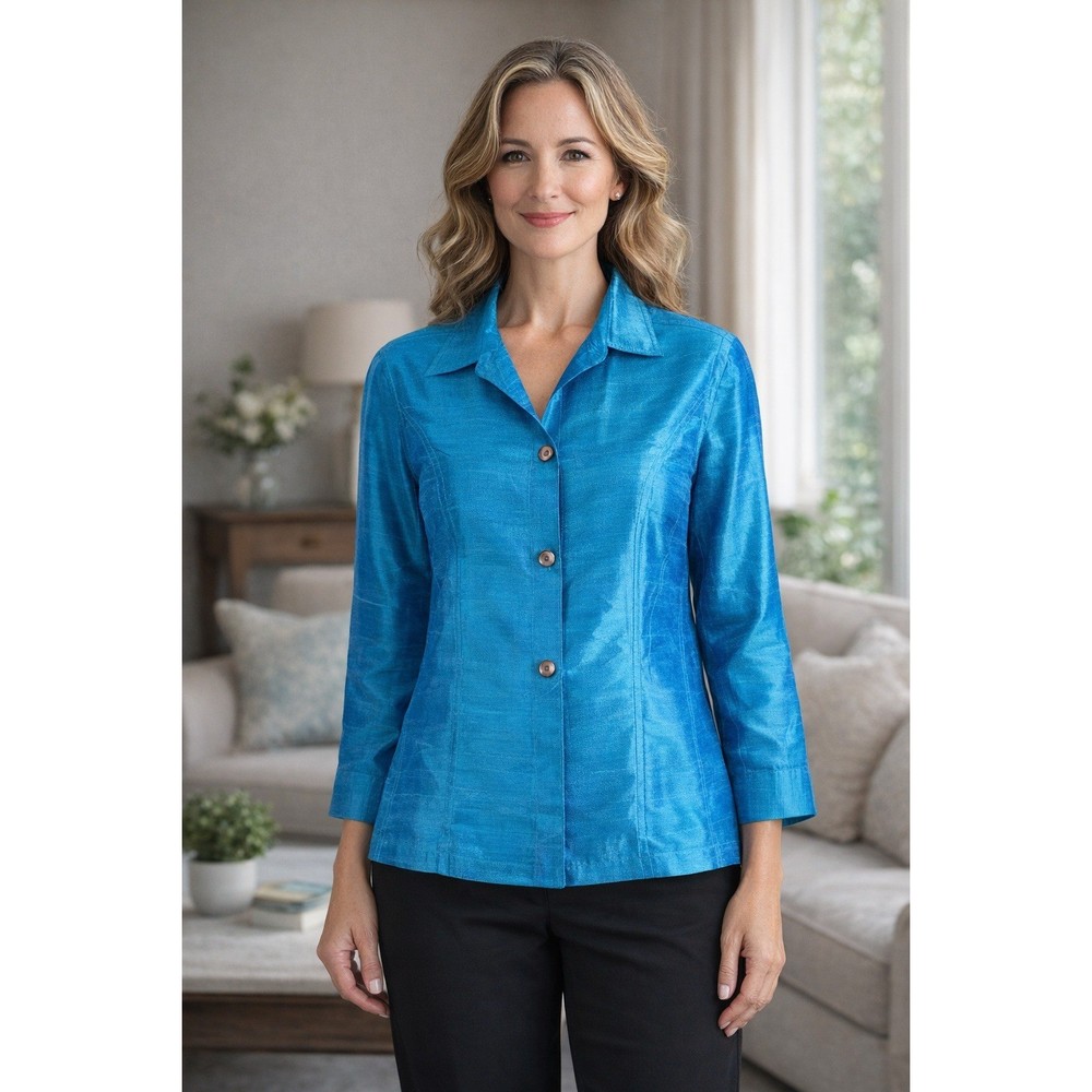 Anu 100% Silk Blouse Womens Medium Blue Button Front Shantung Texture Collared