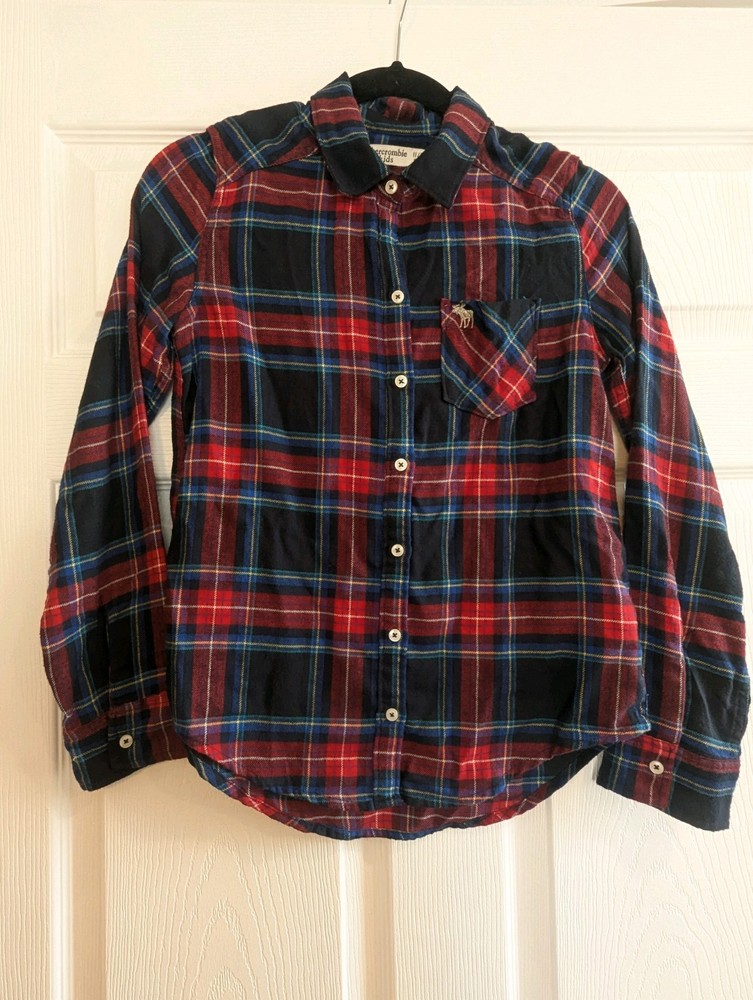 Abercrombie Kids Plaid Button Up Flannel Long Sleeve Size 11/12 Red Blue Black