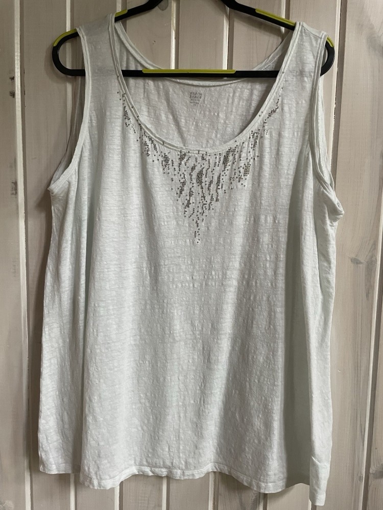 Eileen Fisher Tank Top 2X White Silver Beading Around Scoop Neck Linen Knit