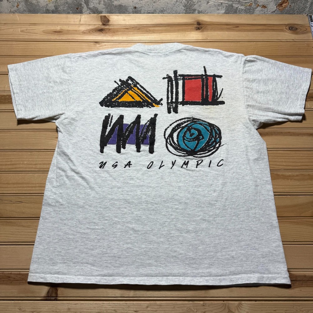 Vintage 90s USA Olympic Shapes Abstract Art Heather Graphic T-Shirt - Size XL-image