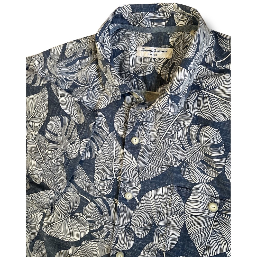 Tommy Bahama Tortola Mens XL Blue White Tropical Monstera Leaf Print Camp Shirt