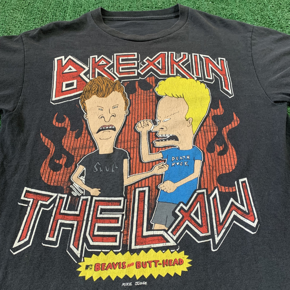 Vintage 90s Beavis Butt-Head Breakin the Law T-Shirt MTV Mike Judge Black M