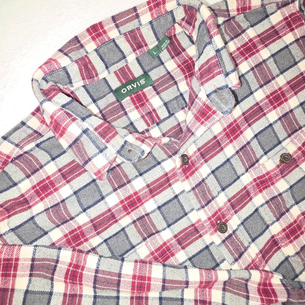 Orvis Perfect Flannel Mens Large Red Navy Plaid Button Down Cotton Shirt L