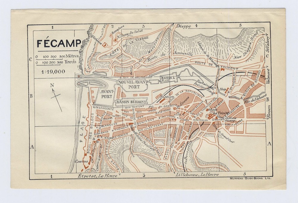 1926 Original Vintage City Map Of Fecamp / Normandy Normandie / France