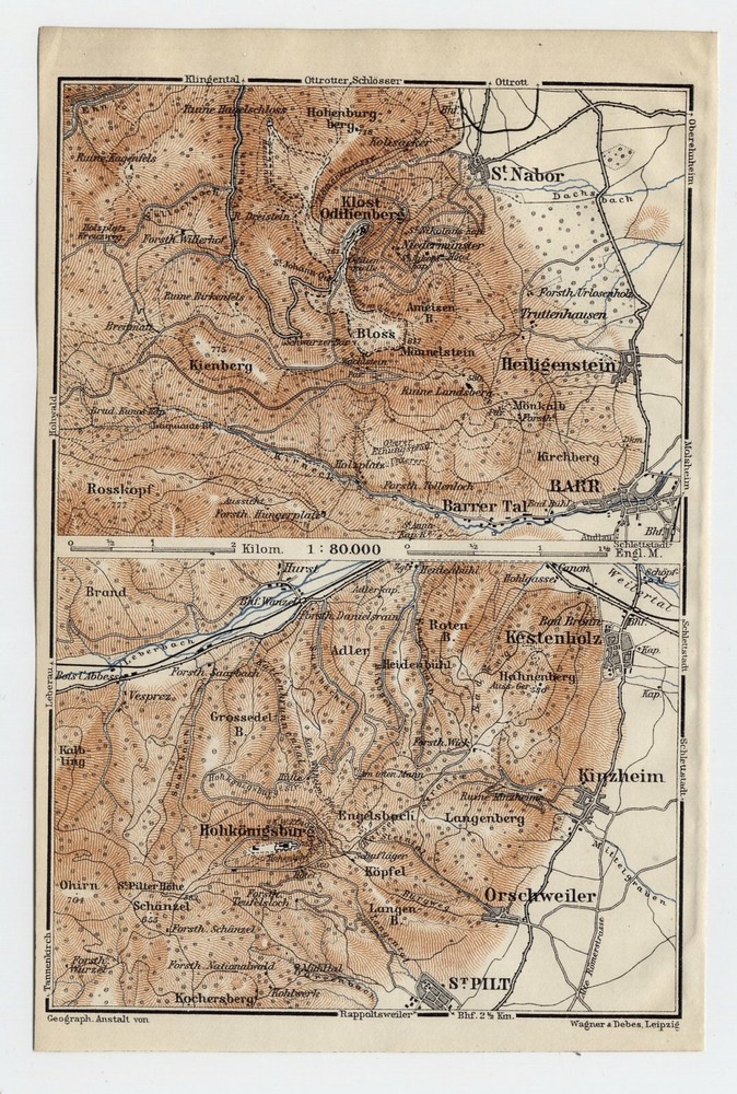 1911 Antique Map Vicinity Barr Saint-Hippolyte Saint-Nabor Alsace France Germany
