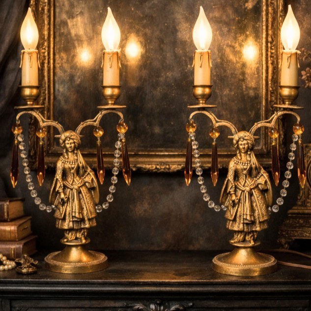 Antique French Empire Style Figural Candelabra Lamps Amber Prisms 15.5” Repair
