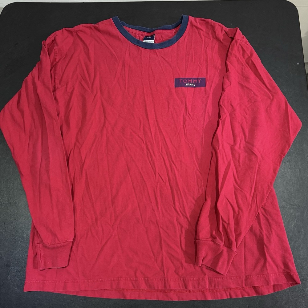 Vintage Tommy Hilfiger Jeans Long Sleeve Shirt Red Logo 90s Y2K Mens 2XL