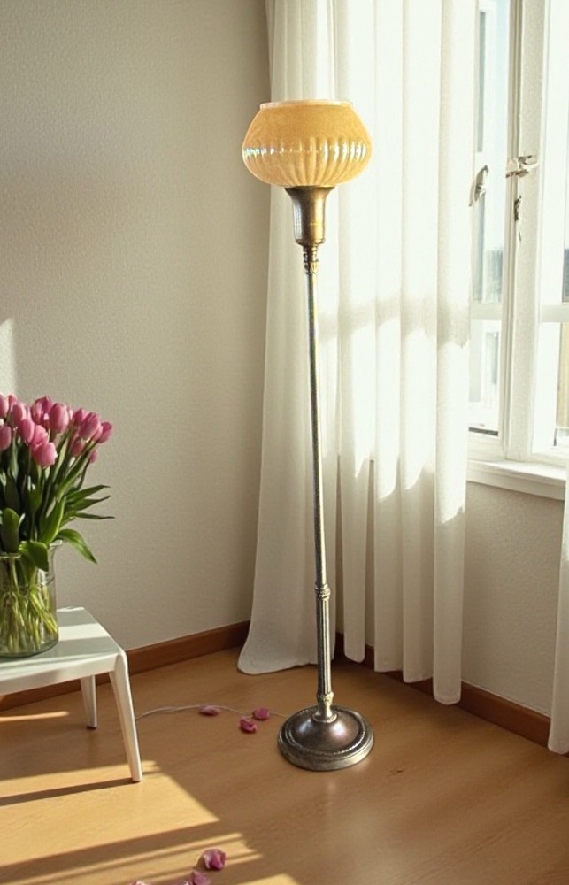 Vintage Brass Floor Lamp Torchiere Art Glass Shade