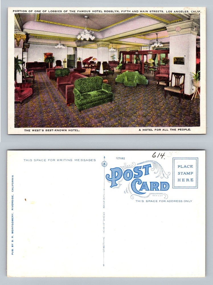 Los Angeles, CA-California, Rosslyn Hotel Lobby Interior Vintage Postcard