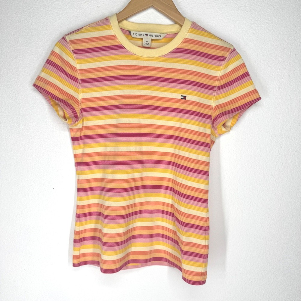 Vintage Tommy Hilfiger Y2K Striped Cotton Baby Tee Shirt Medium Preppy Yellow
