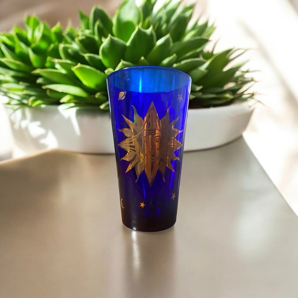 Vtg Culver Libbey Cobalt Blue Celestial 22K Gold Sun Moon & Stars 6” T Glass