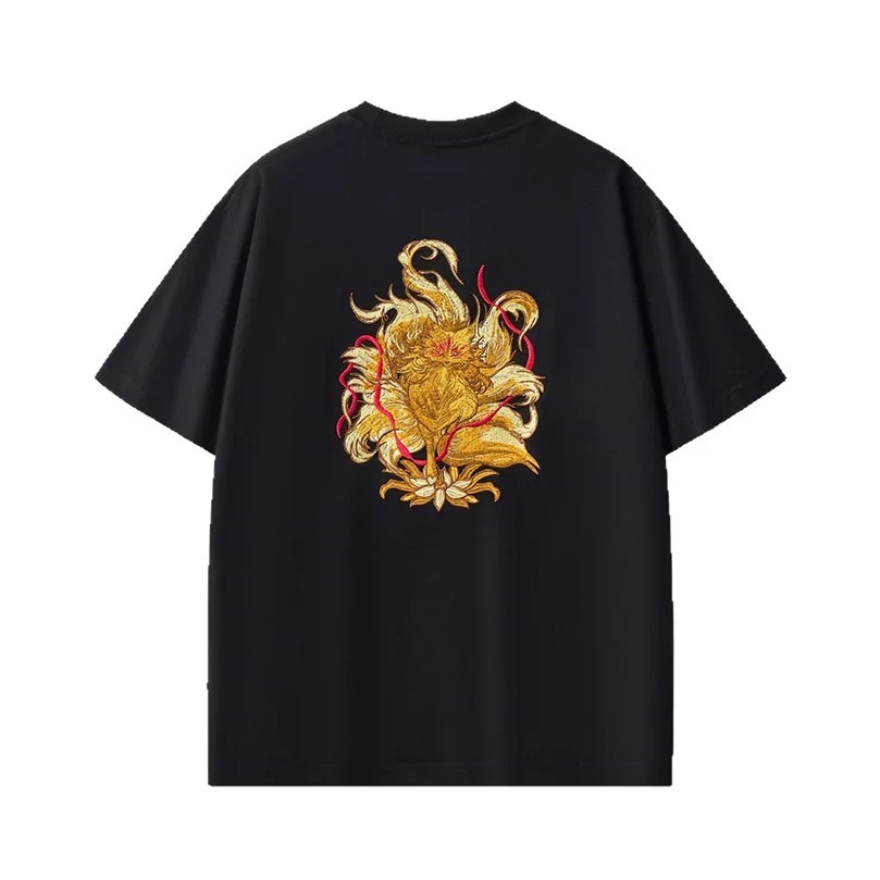 Men's Mythical Fox Embroidered T-Shirt Loose Fit Short Sleeve Casual Cotton Tee