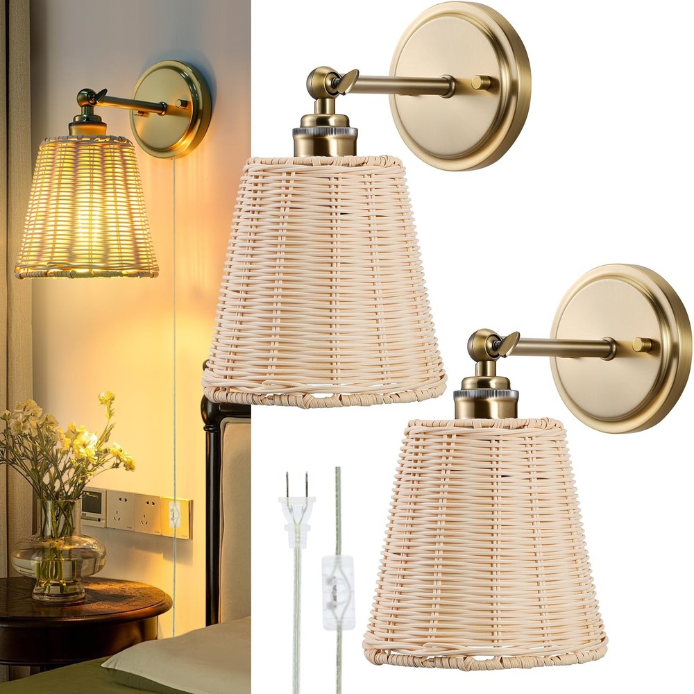 Rattan Plug in Wall Sconces, Hand-Woven Wicker Lampshade Wall Sconces Set of ...